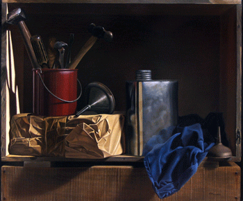 Peinture de Paul Magendie en trompe l'oeil appele bote  outils